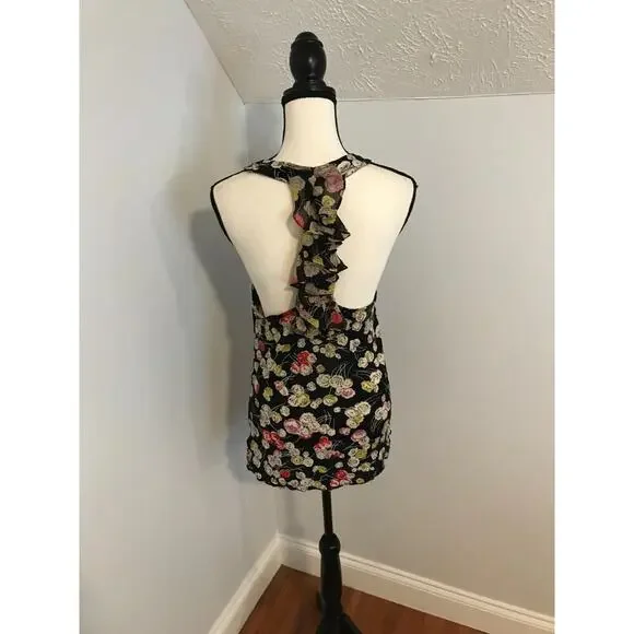 Anthro Ric Rac Floral Racerback Tank Black Sheer Back Ruffle M - Picture 3 of 9